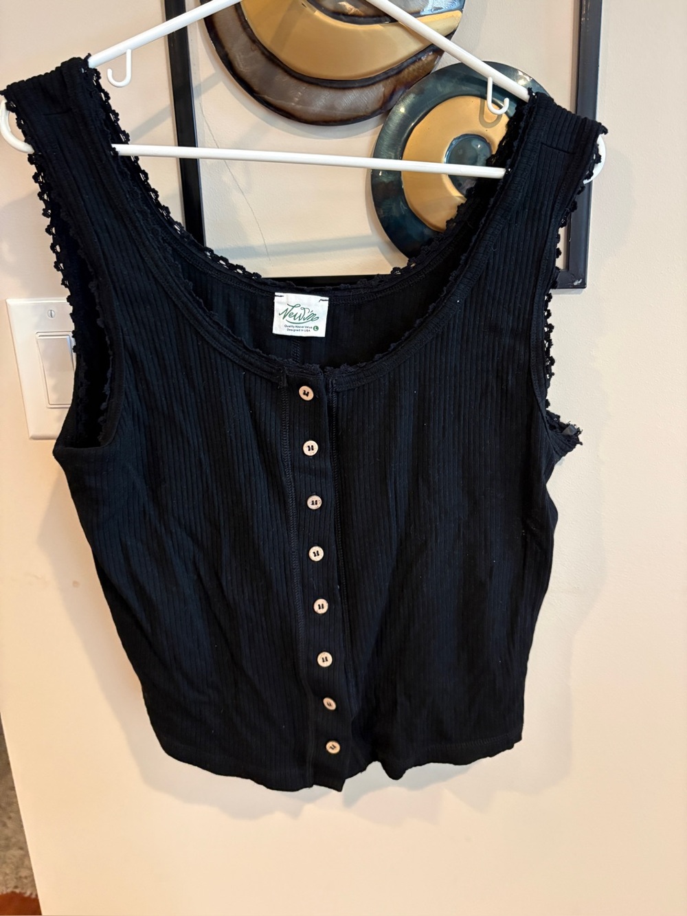 Venezia Black Ribbed Button-Up Crochet Trim Tank